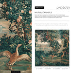 Tapestry Wallpaper with a Chinoiserie Garden Scene in Green and Red - E316