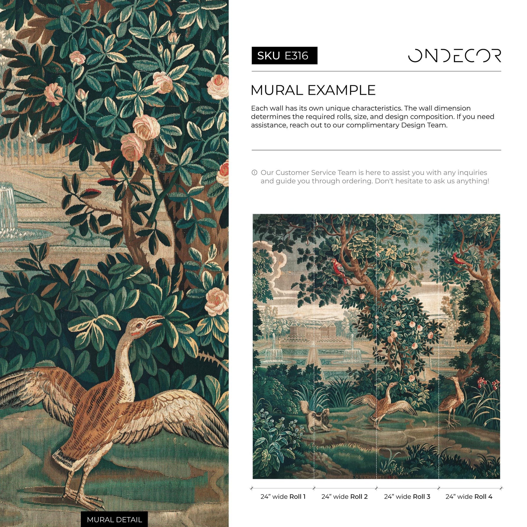 Tapestry Wallpaper with a Chinoiserie Garden Scene in Green and Red - E316