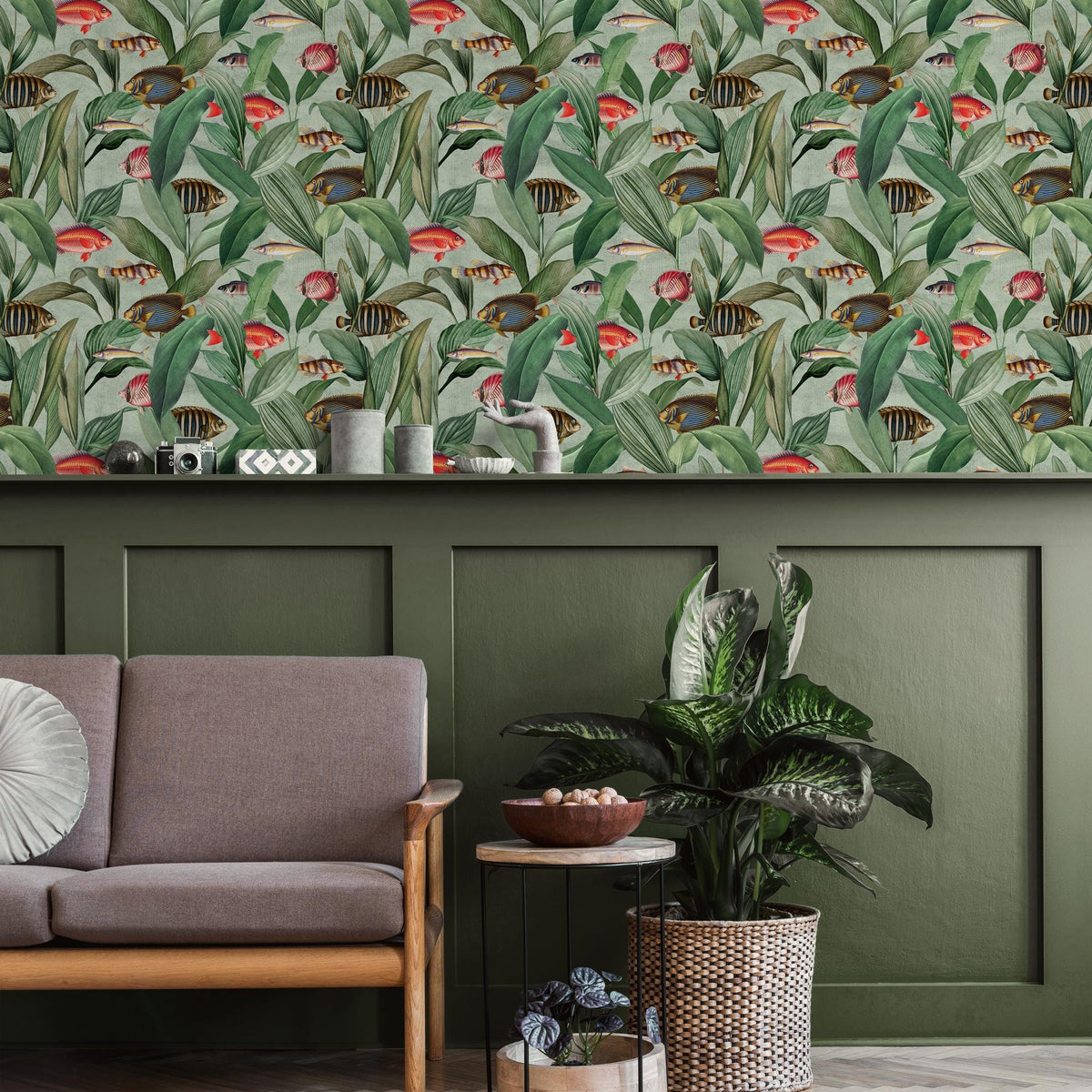 Botanical Wallpaper with Vintage Tropical Fish in Green, Red, and Blue - E313