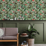 Botanical Wallpaper with Vintage Tropical Fish in Green, Red, and Blue - E313