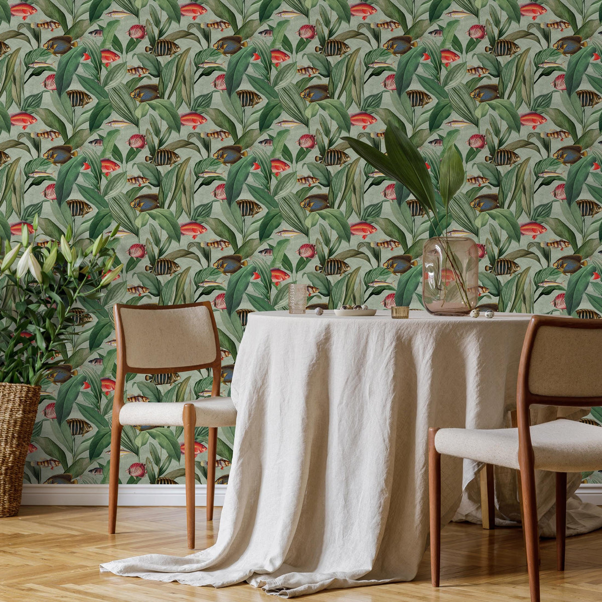 Botanical Wallpaper with Vintage Tropical Fish in Green, Red, and Blue - E313