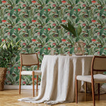 Botanical Wallpaper with Vintage Tropical Fish in Green, Red, and Blue - E313