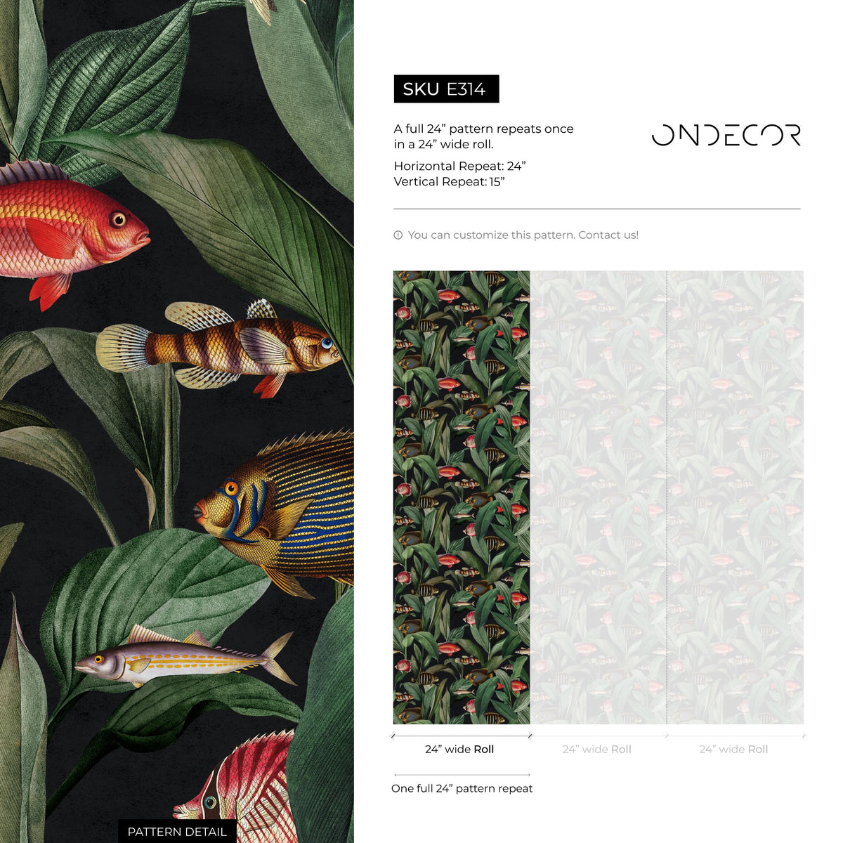 Tropical Wallpaper with Fish and Botanical Leaves in Green and Red - E314