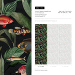 Tropical Wallpaper with Fish and Botanical Leaves in Green and Red - E314