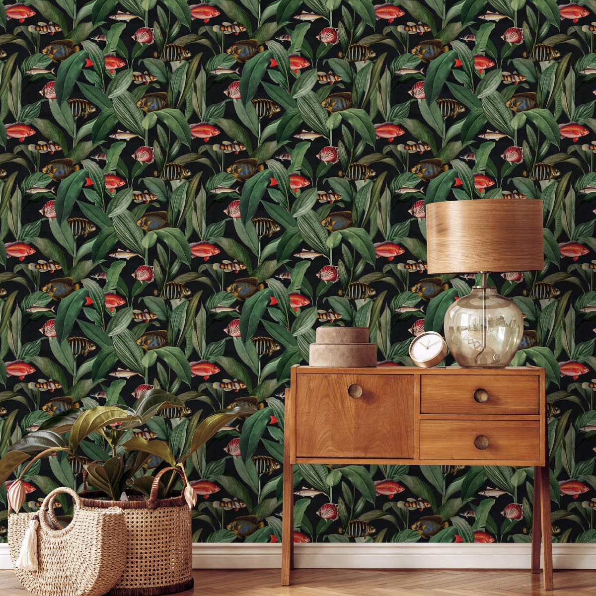 Tropical Wallpaper with Fish and Botanical Leaves in Green and Red - E314