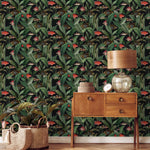 Tropical Wallpaper with Fish and Botanical Leaves in Green and Red - E314