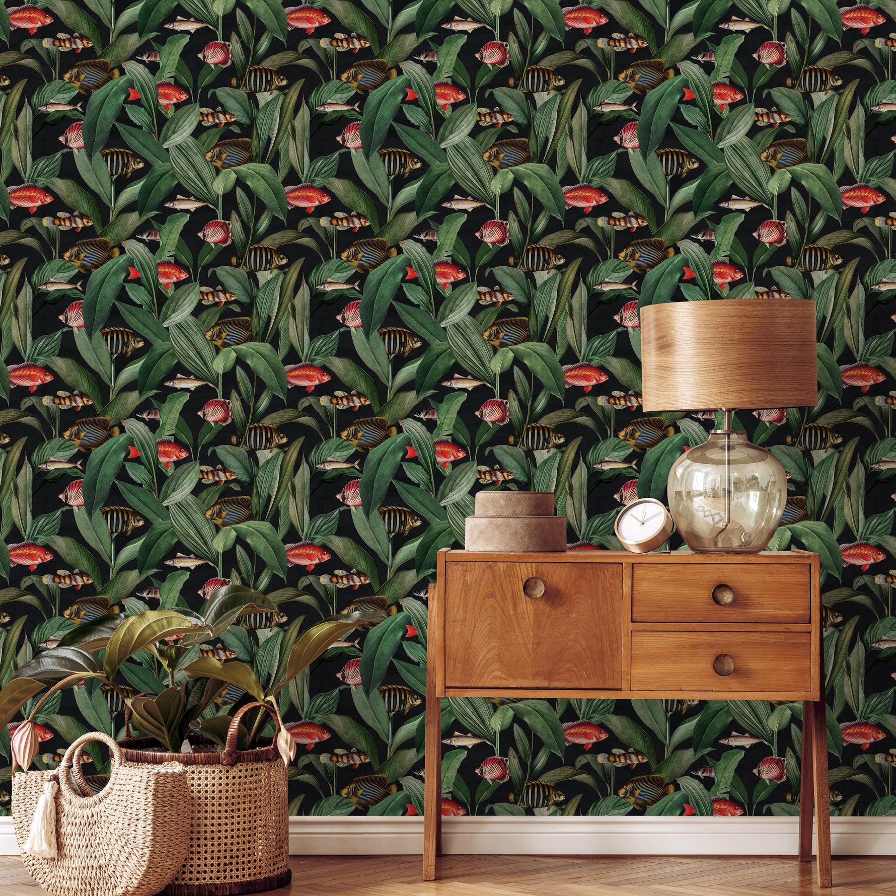Tropical Wallpaper with Fish and Botanical Leaves in Green and Red - E314