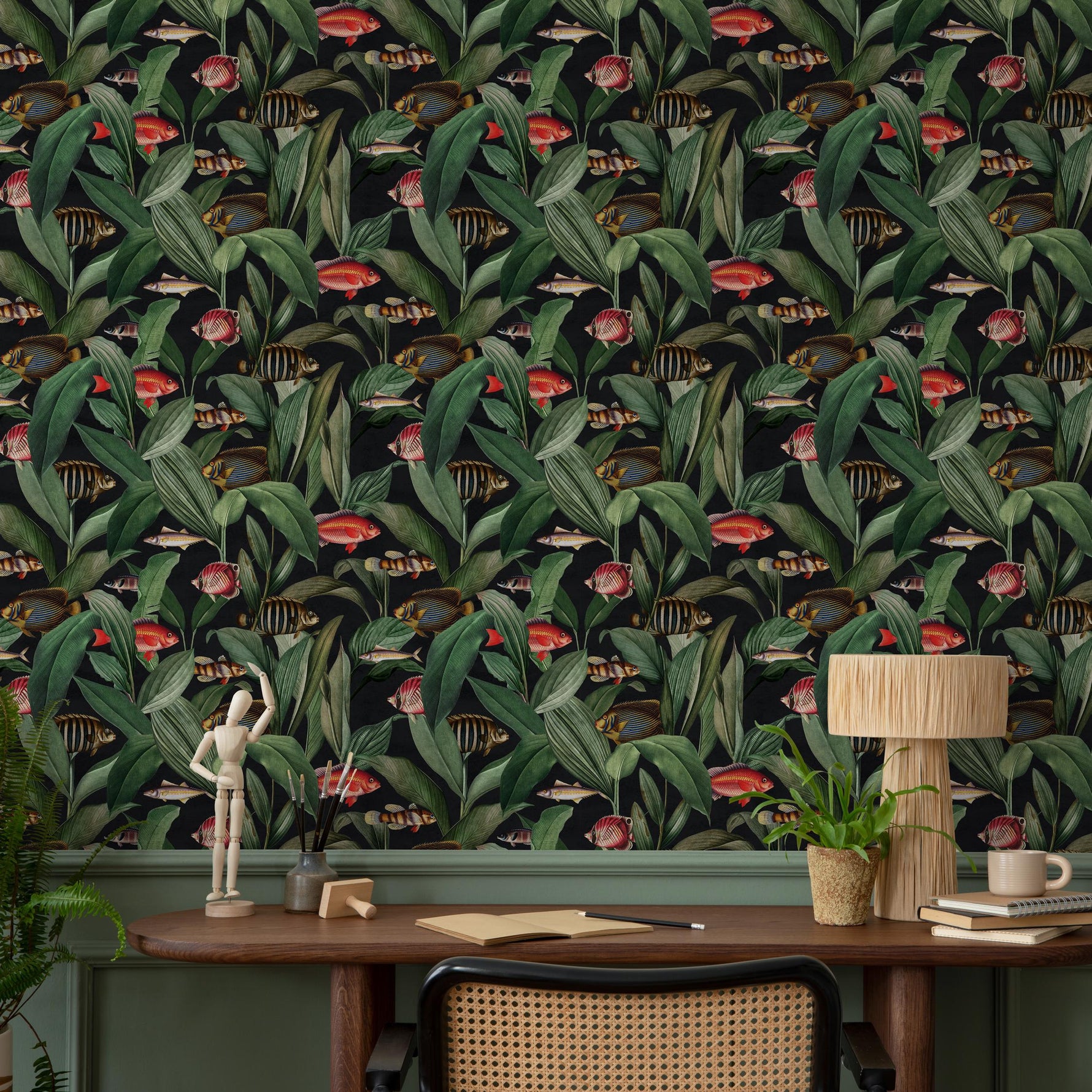 Tropical Wallpaper with Fish and Botanical Leaves in Green and Red - E314