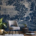 Toile Wallpaper Featuring a Scenic French Countryside in Blue and White - E317