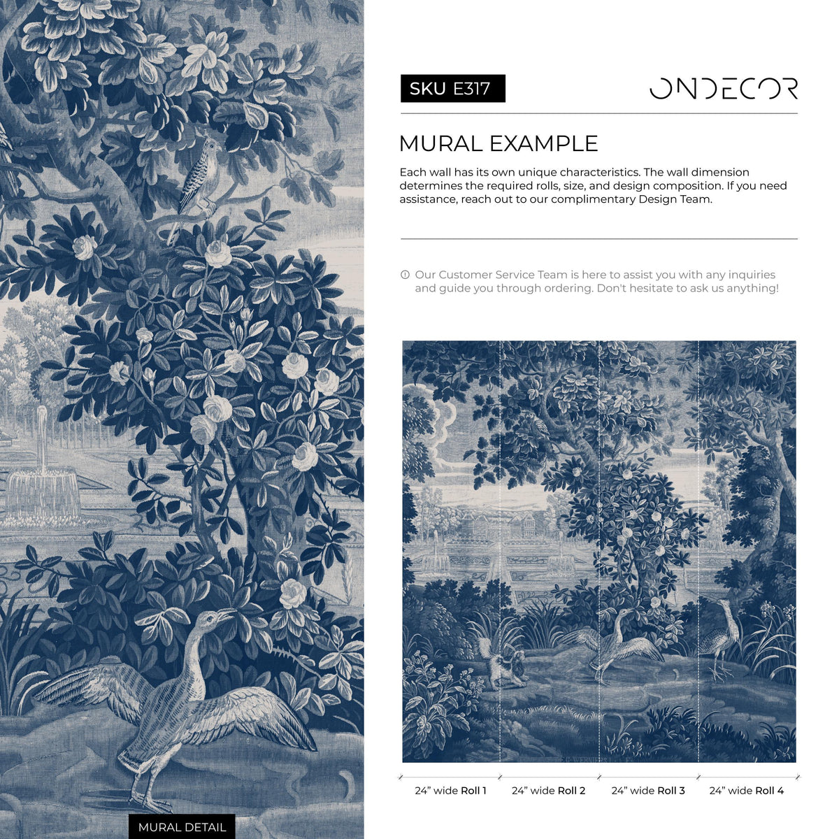Toile Wallpaper Featuring a Scenic French Countryside in Blue and White - E317