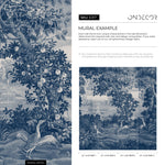 Toile Wallpaper Featuring a Scenic French Countryside in Blue and White - E317