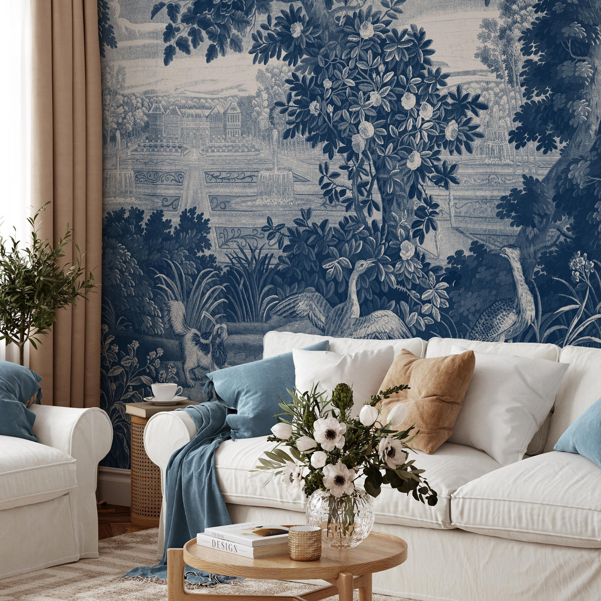 Toile Wallpaper Featuring a Scenic French Countryside in Blue and White - E317