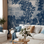 Toile Wallpaper Featuring a Scenic French Countryside in Blue and White - E317