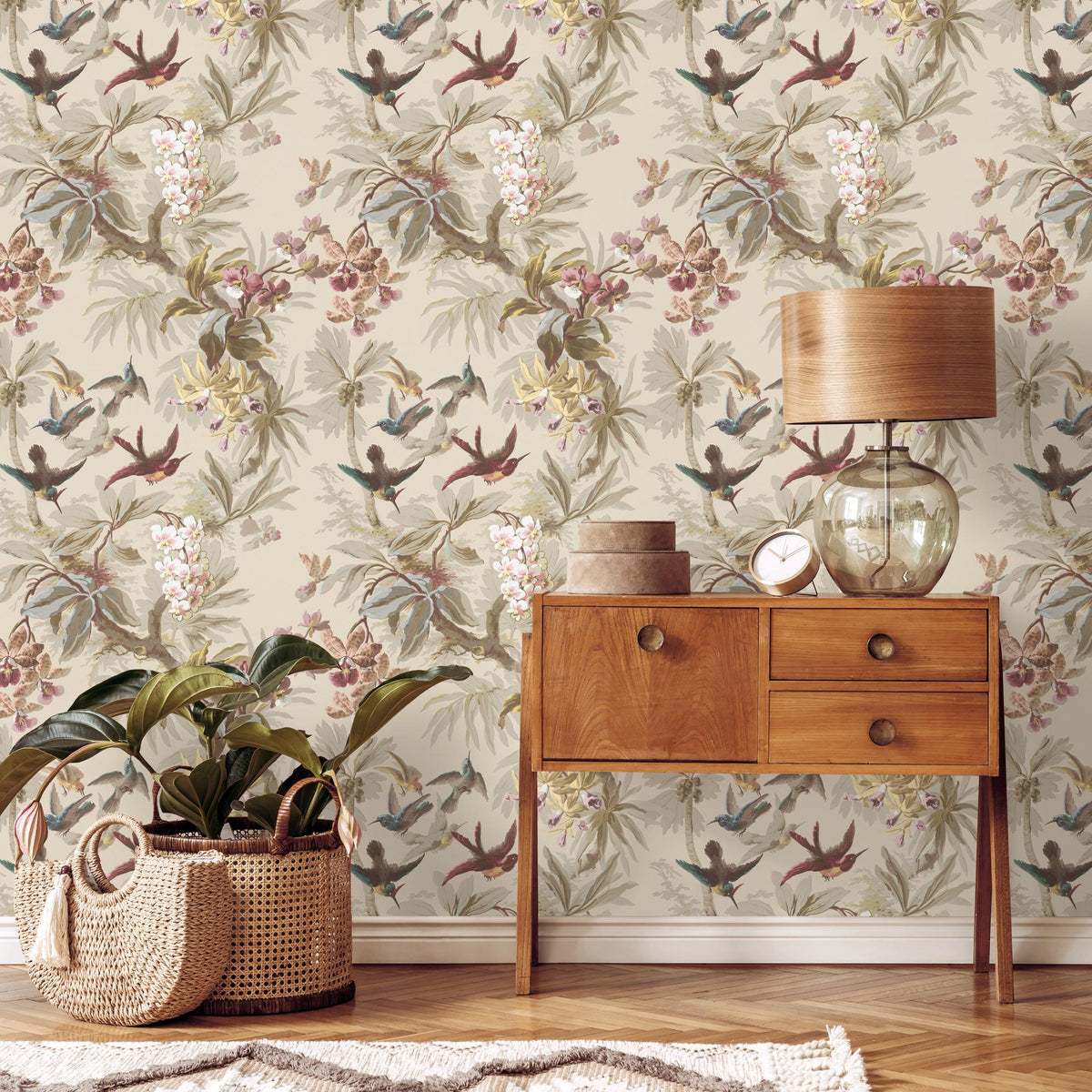 Botanical Wallpaper with Tropical Birds and Orchids in Green, Teal, and Brown - E138