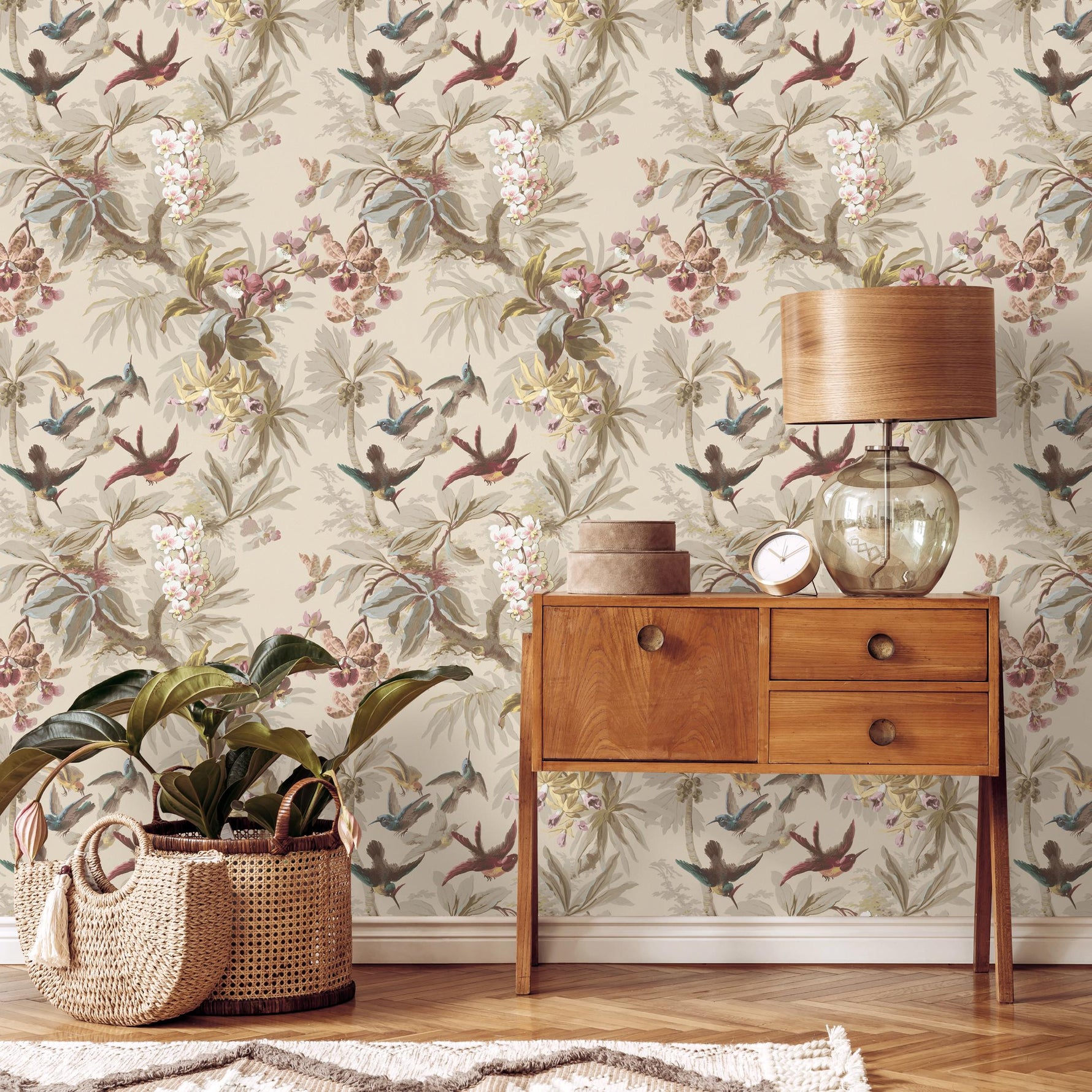 Botanical Wallpaper with Tropical Birds and Orchids in Green, Teal, and Brown - E138
