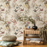 Botanical Wallpaper with Tropical Birds and Orchids in Green, Teal, and Brown - E138