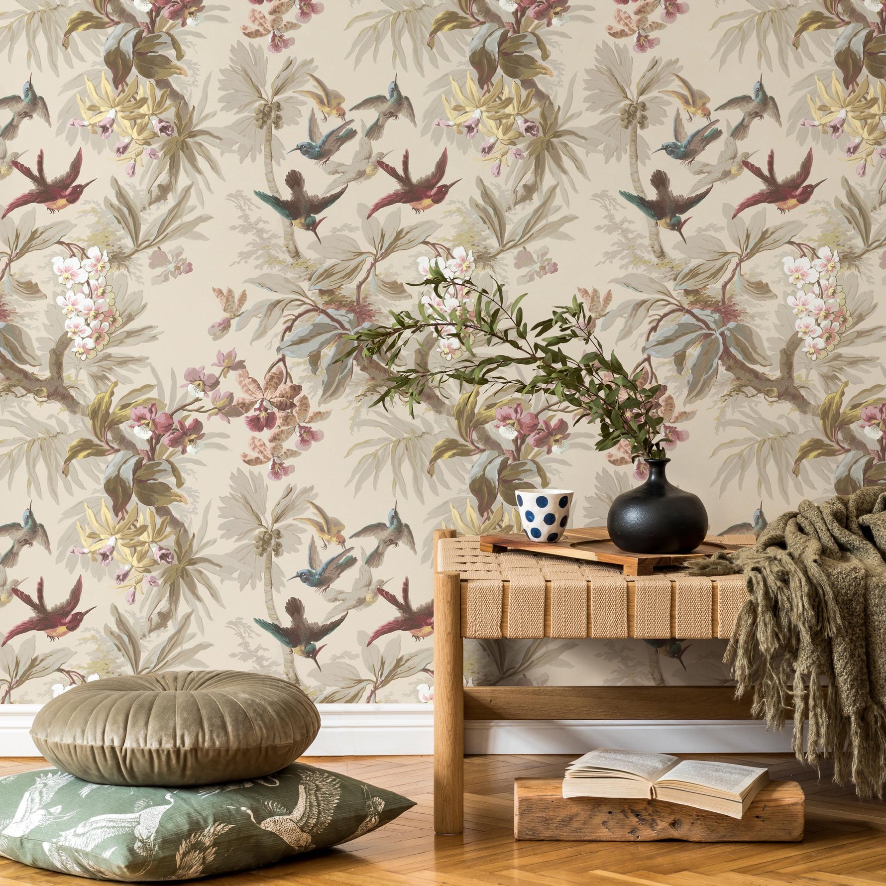 Botanical Wallpaper with Tropical Birds and Orchids in Green, Teal, and Brown - E138