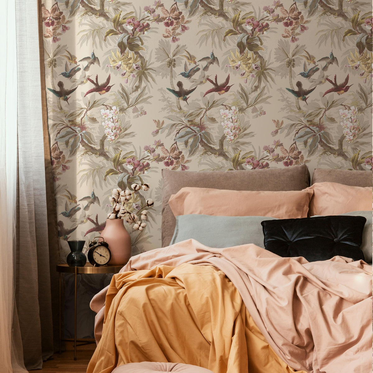 Botanical Wallpaper with Tropical Birds and Orchids in Green, Teal, and Brown - E138