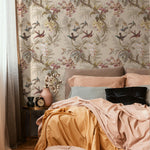 Botanical Wallpaper with Tropical Birds and Orchids in Green, Teal, and Brown - E138