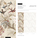 Botanical Wallpaper with Tropical Birds and Orchids in Green, Teal, and Brown - E138