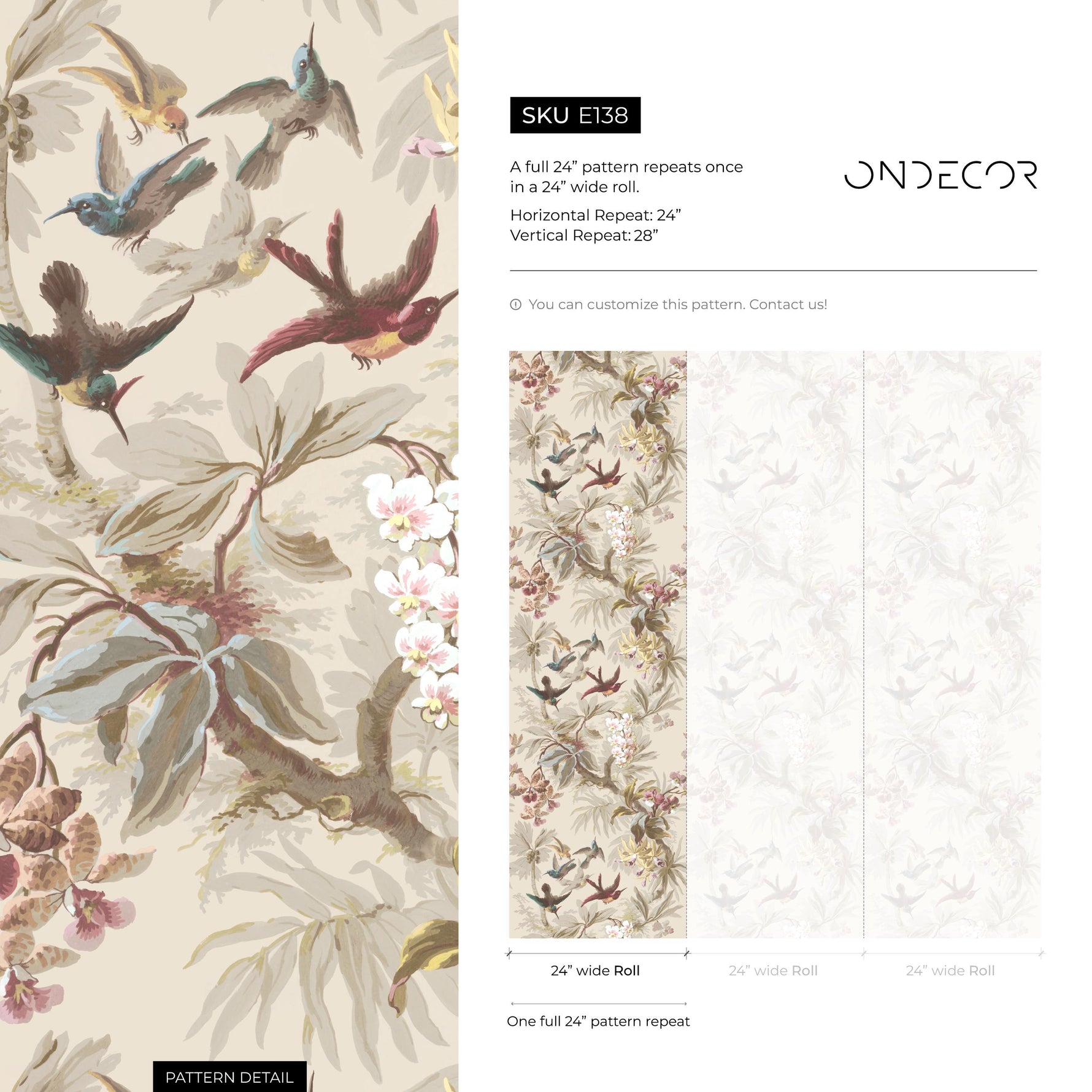 Botanical Wallpaper with Tropical Birds and Orchids in Green, Teal, and Brown - E138