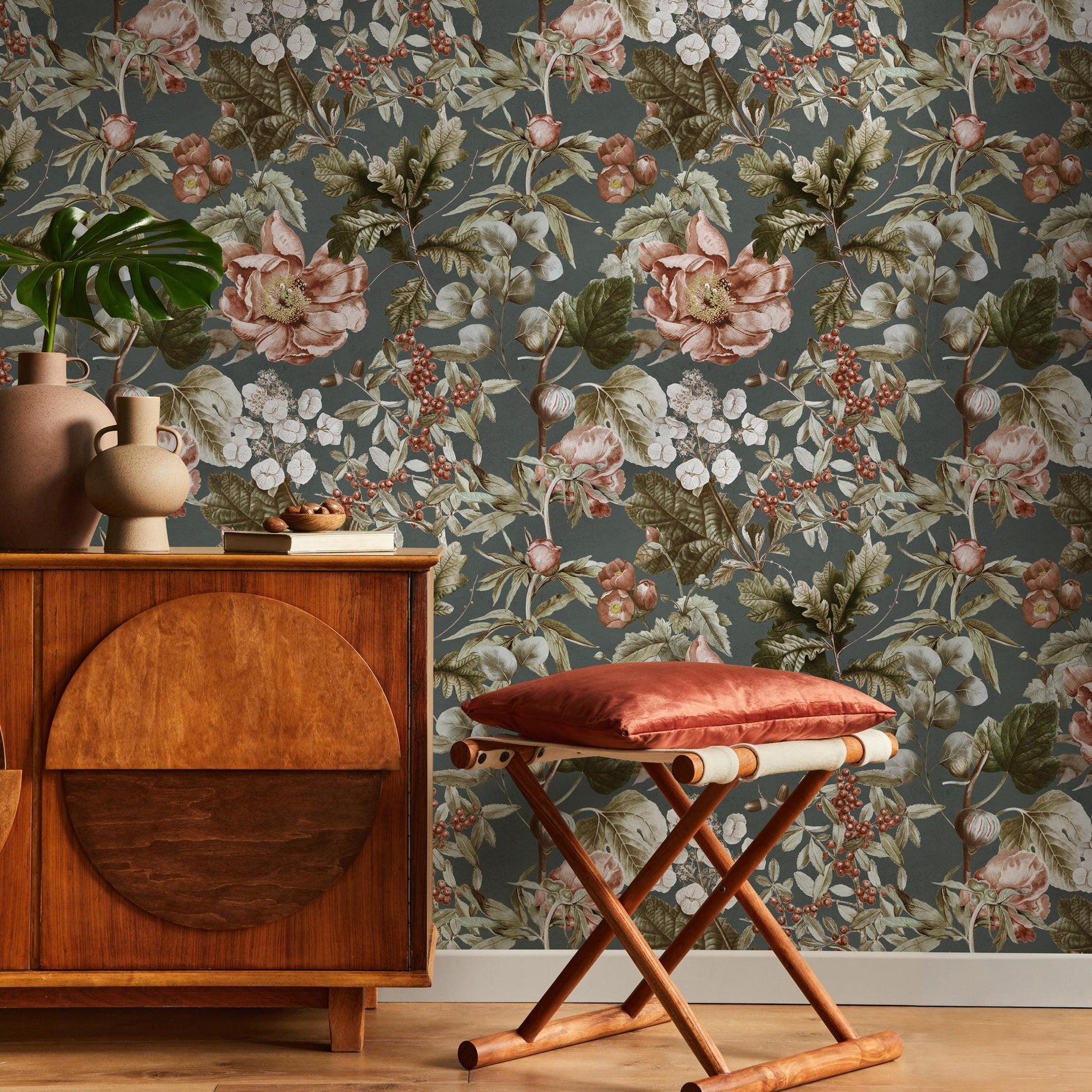 Botanical Wallpaper with Vintage Peonies and Berries in Dark Green, Pink, and Red - E278
