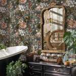 Botanical Wallpaper with Vintage Peonies and Berries in Dark Green, Pink, and Red - E278