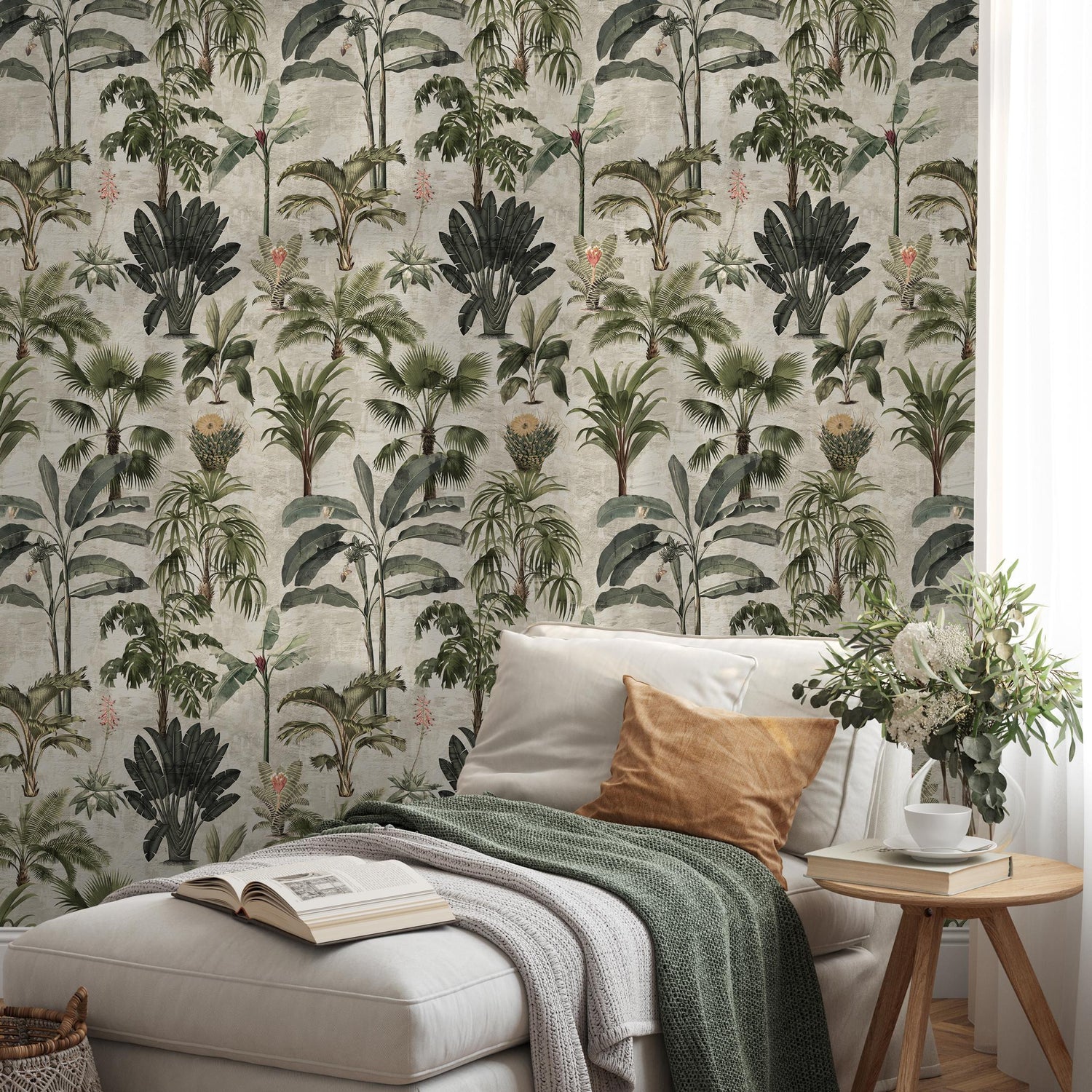 Botanical Wallpaper Featuring a Vintage Palm Tree Motif in Green and Beige - E139 A