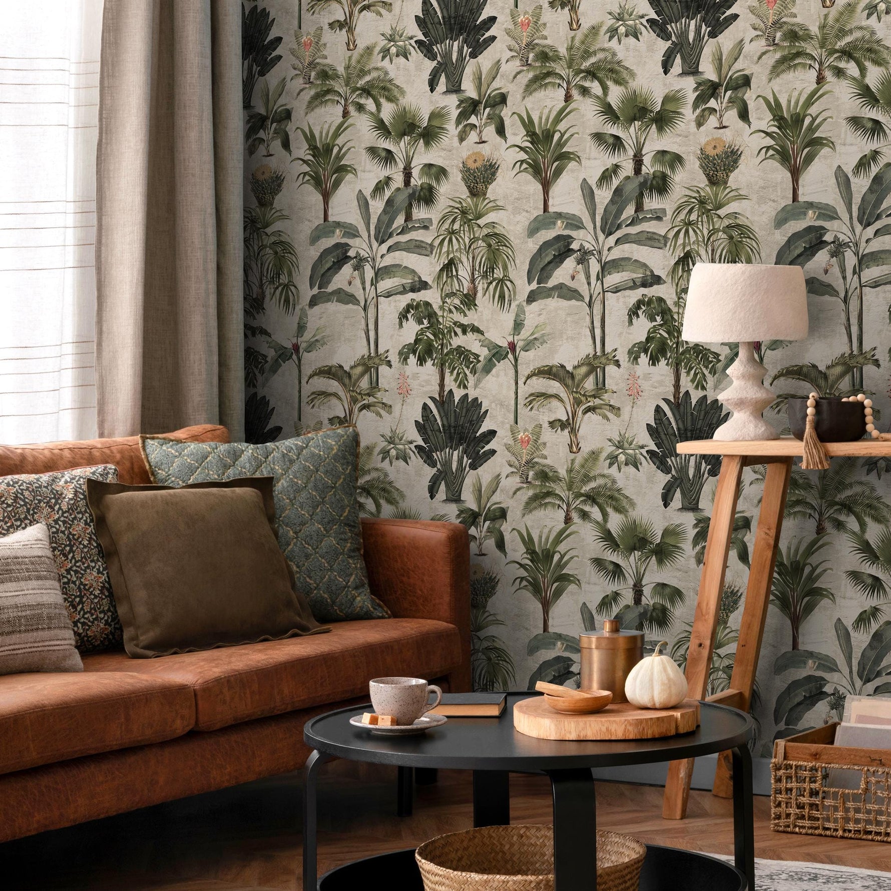 Botanical Wallpaper Featuring a Vintage Palm Tree Motif in Green and Beige - E139 A