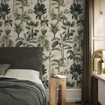 Botanical Wallpaper Featuring a Vintage Palm Tree Motif in Green and Beige - E139 A