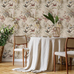 Botanical Wallpaper with Tropical Birds and Orchids in Green, Teal, and Brown - E138