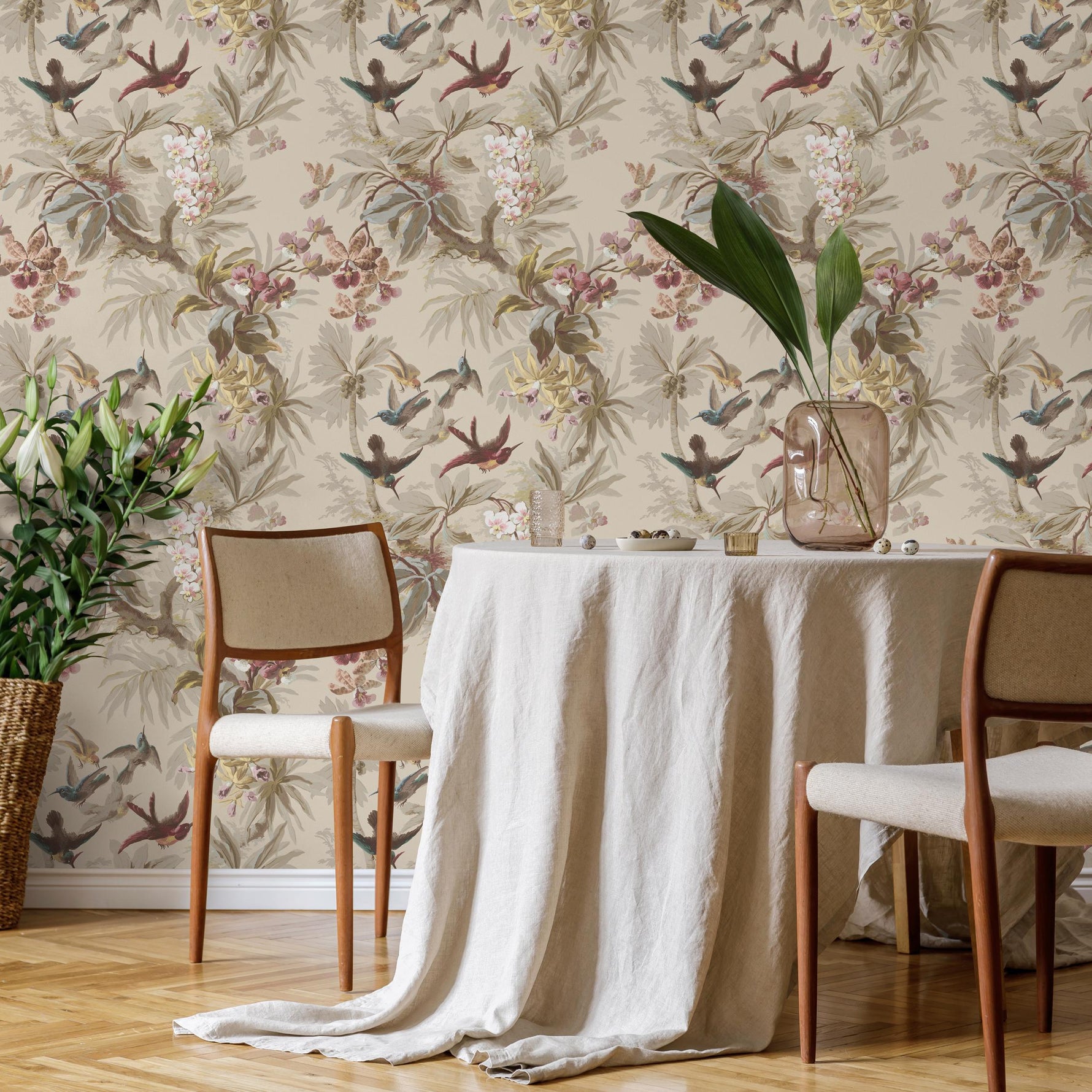 Botanical Wallpaper with Tropical Birds and Orchids in Green, Teal, and Brown - E138