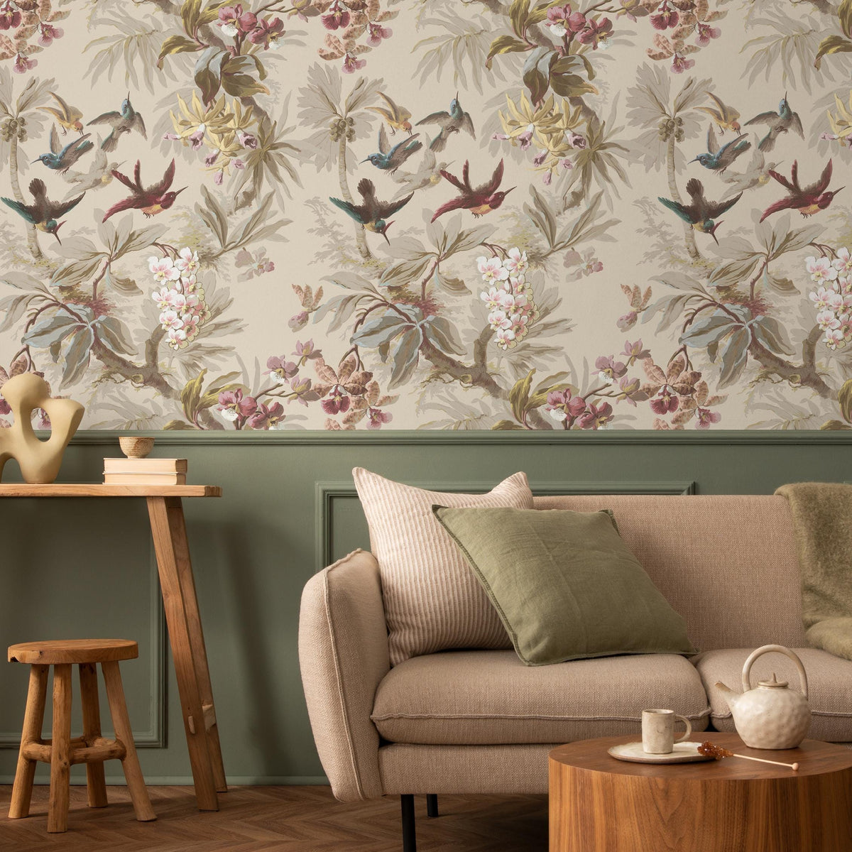 Botanical Wallpaper with Tropical Birds and Orchids in Green, Teal, and Brown - E138