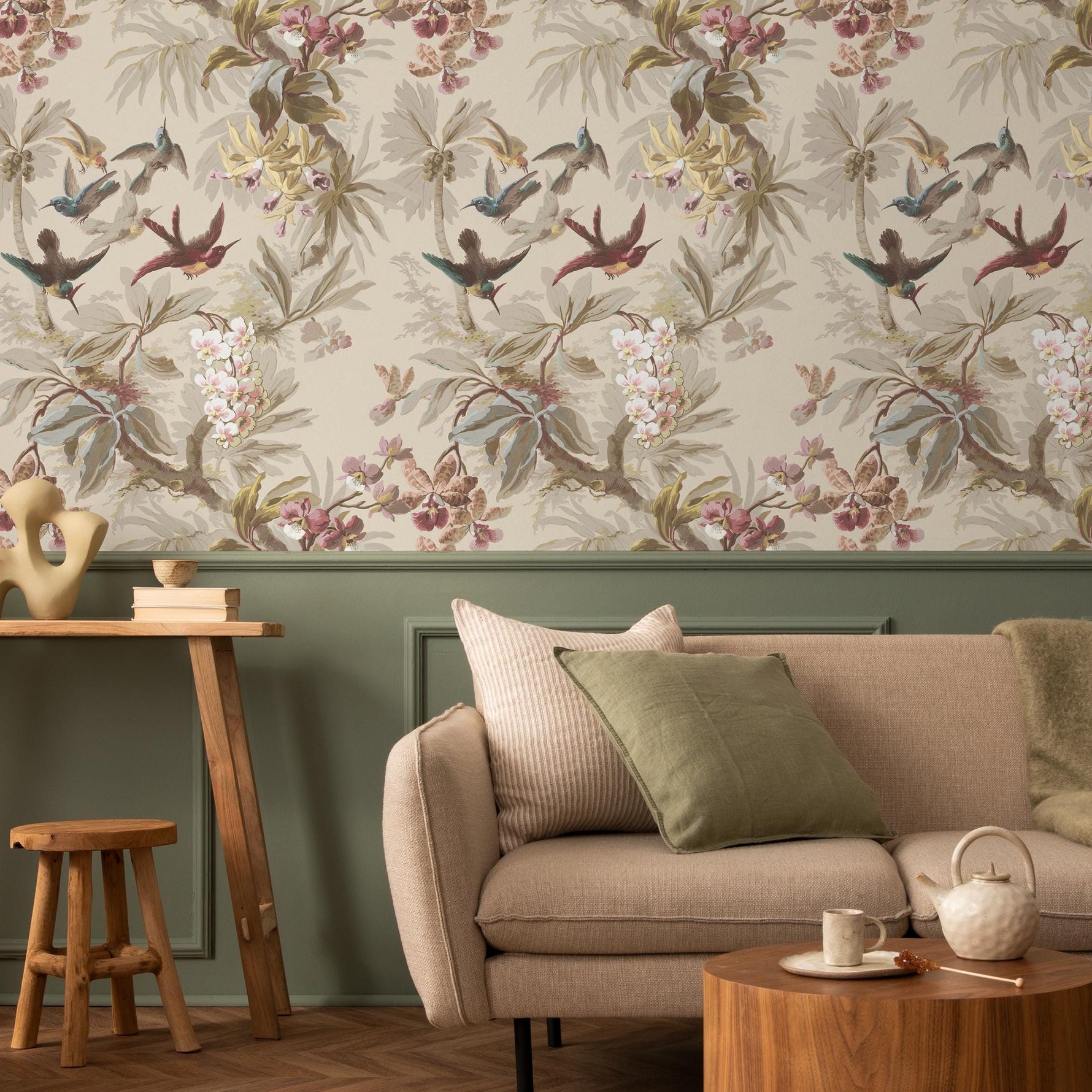 Botanical Wallpaper with Tropical Birds and Orchids in Green, Teal, and Brown - E138