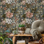 Botanical Wallpaper with Vintage Peonies and Berries in Dark Green, Pink, and Red - E278
