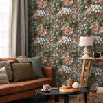 Botanical Wallpaper with Vintage Peonies and Berries in Dark Green, Pink, and Red - E278