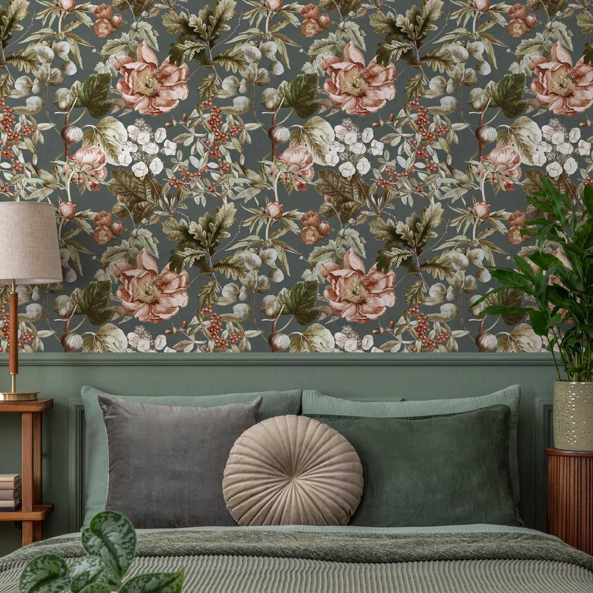 Botanical Wallpaper with Vintage Peonies and Berries in Dark Green, Pink, and Red - E278
