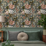 Botanical Wallpaper with Vintage Peonies and Berries in Dark Green, Pink, and Red - E278