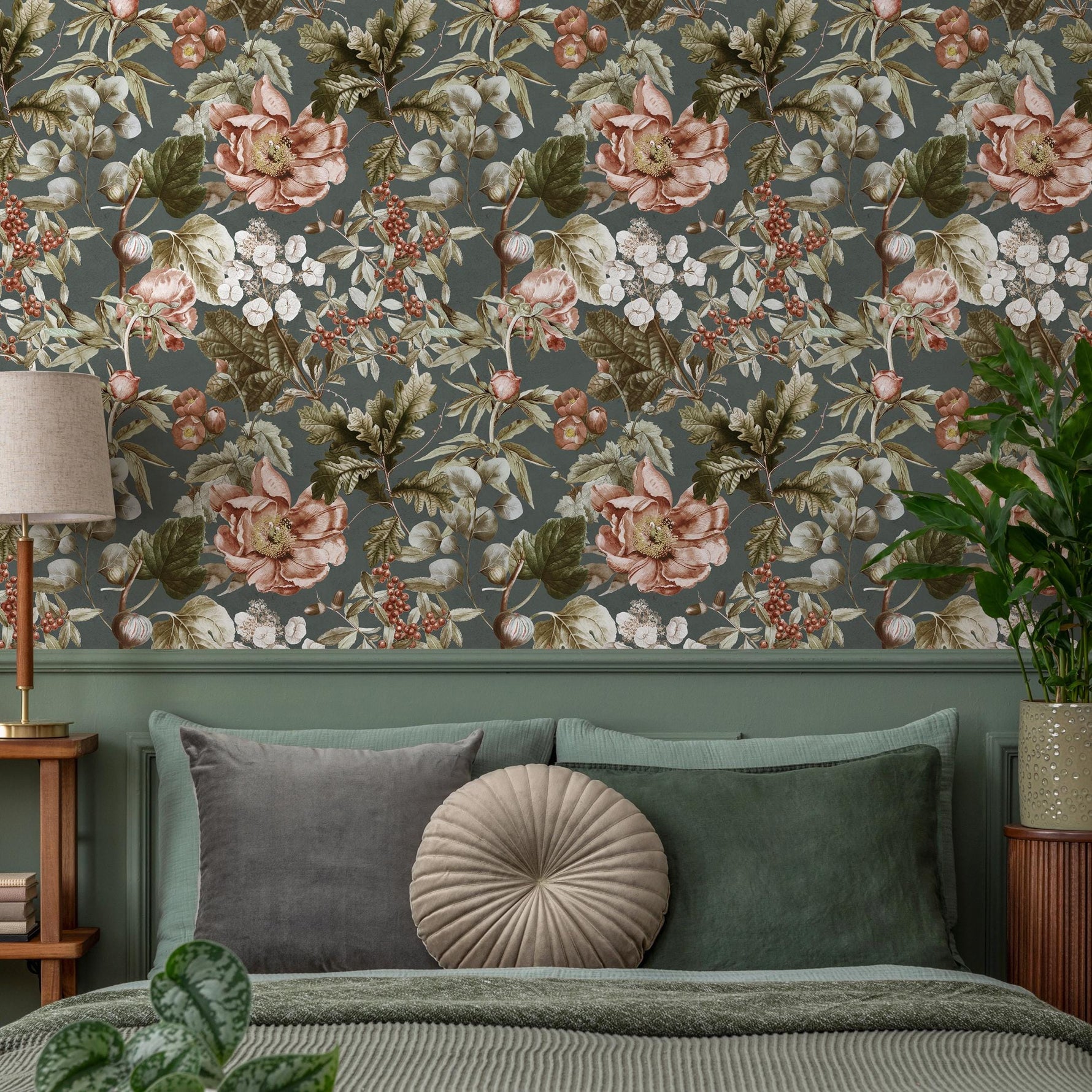 Botanical Wallpaper with Vintage Peonies and Berries in Dark Green, Pink, and Red - E278