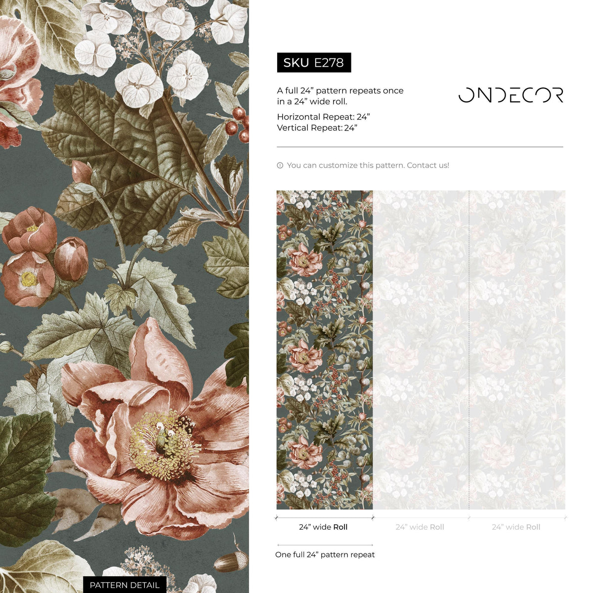 Botanical Wallpaper with Vintage Peonies and Berries in Dark Green, Pink, and Red - E278