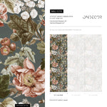 Botanical Wallpaper with Vintage Peonies and Berries in Dark Green, Pink, and Red - E278