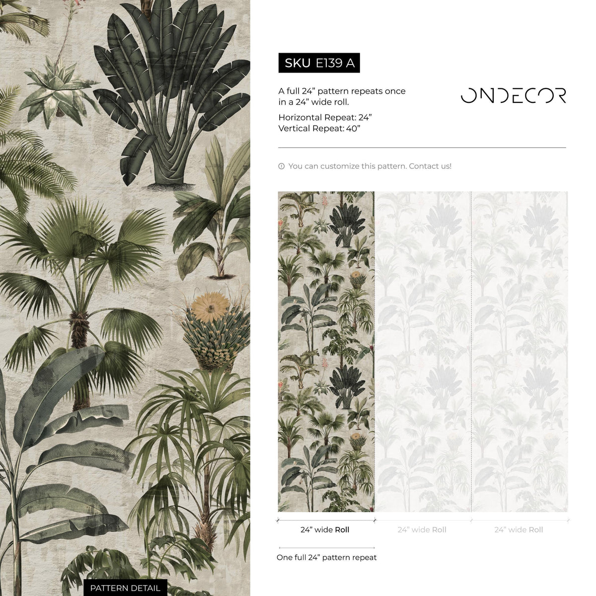 Botanical Wallpaper Featuring a Vintage Palm Tree Motif in Green and Beige - E139 A