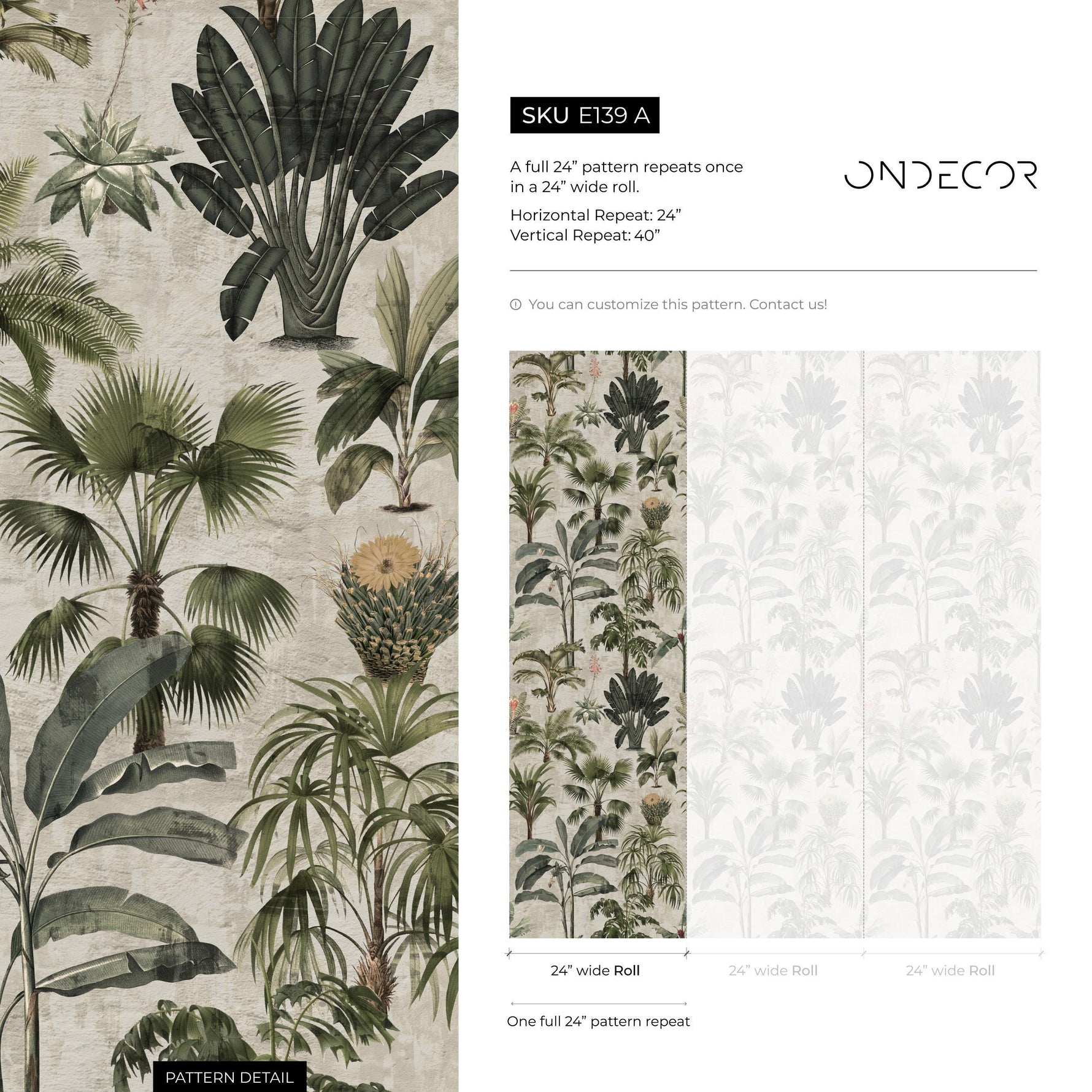 Botanical Wallpaper Featuring a Vintage Palm Tree Motif in Green and Beige - E139 A