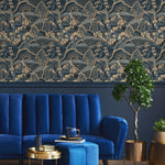 Chinoiserie Wallpaper with a Japanese Mountain Landscape in Navy Blue and Beige - E321