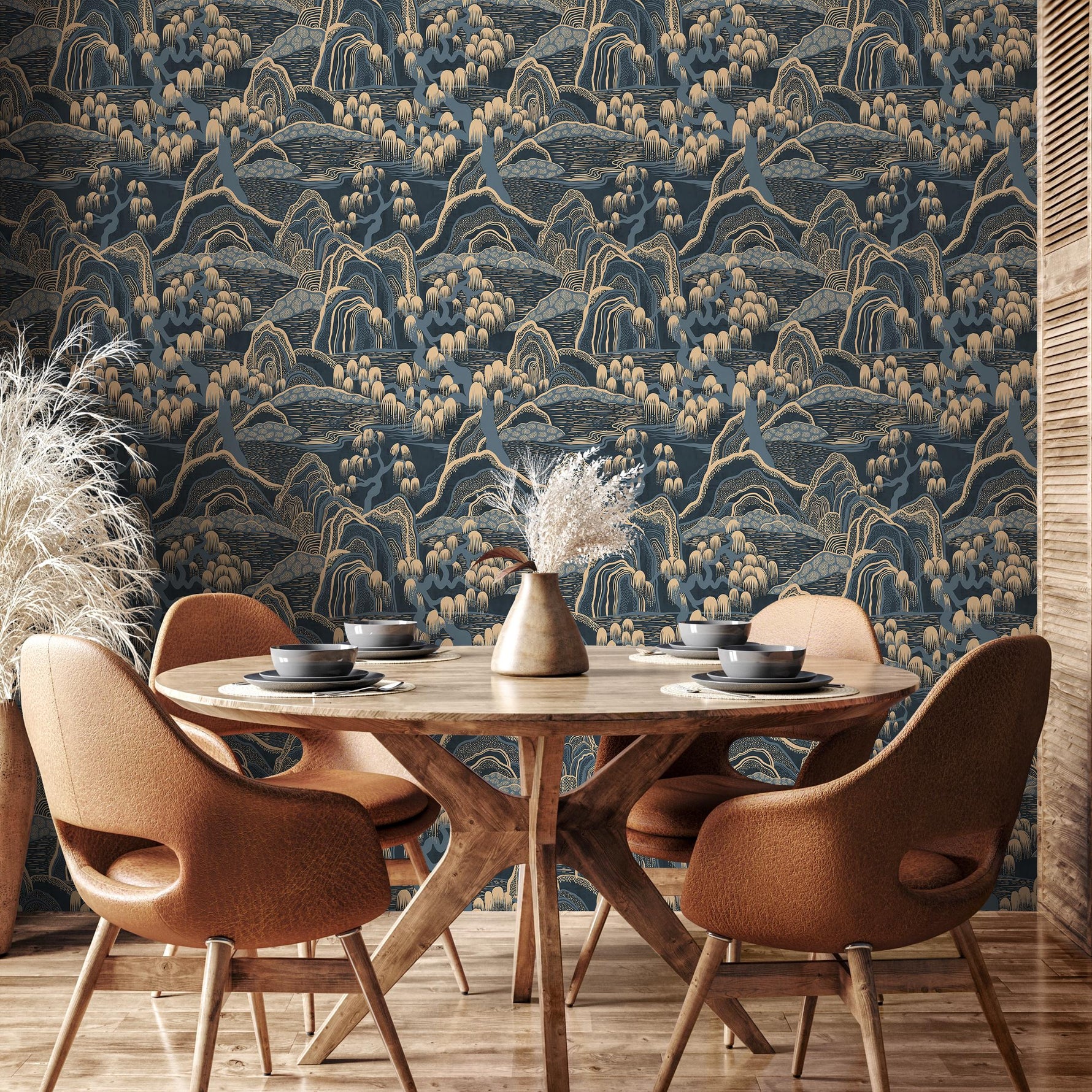 Chinoiserie Wallpaper with a Japanese Mountain Landscape in Navy Blue and Beige - E321