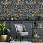 Chinoiserie Wallpaper with a Japanese Mountain Landscape in Navy Blue and Beige - E321