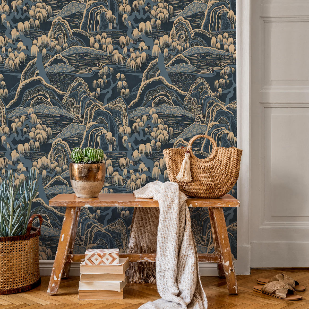 Chinoiserie Wallpaper with a Japanese Mountain Landscape in Navy Blue and Beige - E321