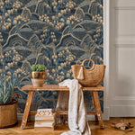 Chinoiserie Wallpaper with a Japanese Mountain Landscape in Navy Blue and Beige - E321