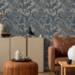 Chinoiserie Wallpaper with a Mountain Landscape in Blue and Beige - E324