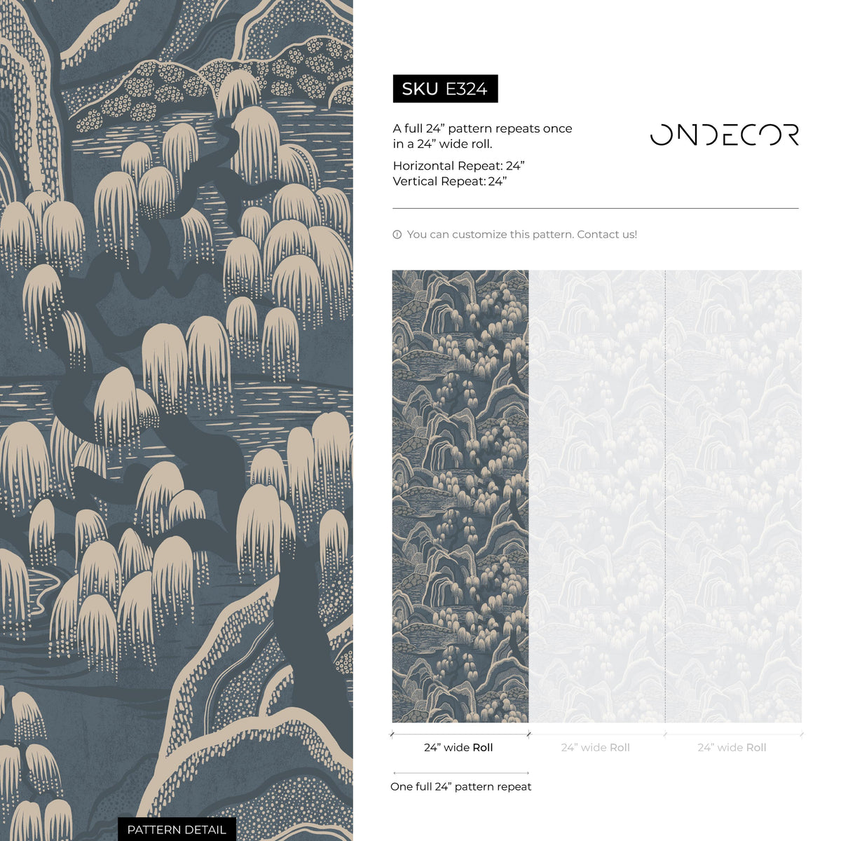 Chinoiserie Wallpaper with a Mountain Landscape in Blue and Beige - E324